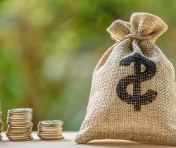 Bag with dollar sign and stacks of coins